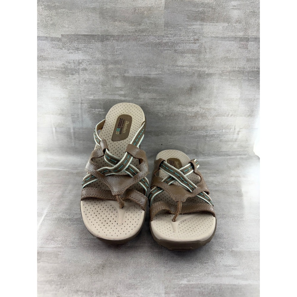 Skechers Outdoor Lifestyle Women 9 Taupe Brown Teal Strappy Thong Sandals 46720